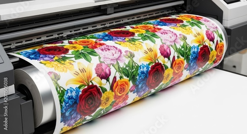 A close-up of a large format professional printer outputting vibrant, high-resolution floral patterns in a bright, contemporary workspace, workspace, machinery, graphics