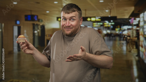 Fotografía Man holding cupcake and hand covering mouth gesture in airport terminal near gate signage, looking caught mid bite; surprise travel snack