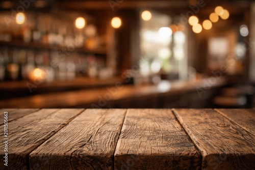 Rustic wooden bar top possessing rough texture and high key blurred backdrop copy space