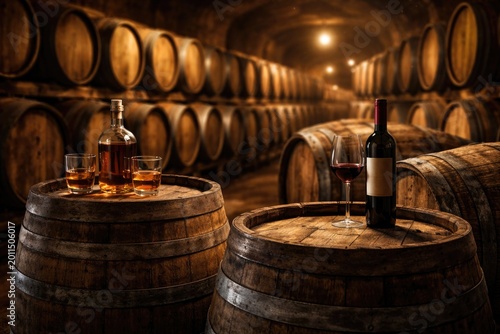 Vintage wood barrels holding fine wine and aged whiskey