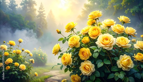 A vibrant bush of yellow roses blooming in a misty, sun-drenched garden path, evoking a sense of natural beauty and tranquility, perfect for spring or summer themes.