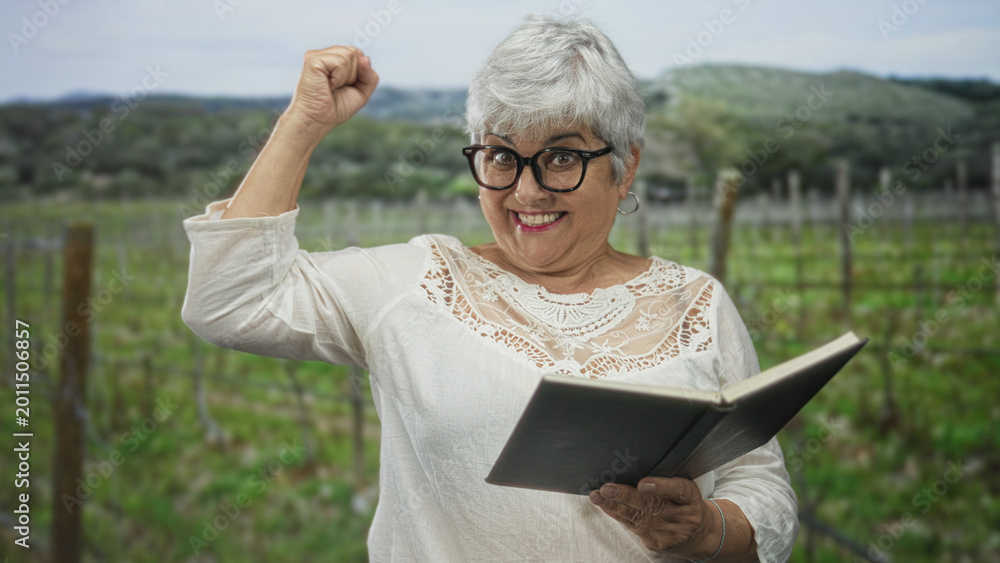 Obraz premium Woman holding open book with raised fist, smiling in a vineyard with trellis posts and rolling hills, wearing glasses and lace blouse; joy.