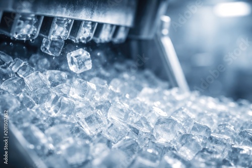 Macro image of ice maker machinery forming pristine ice cubes featuring mild blur and spacious copy space in food manufacturing context