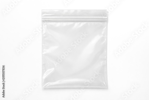 white plastic zip bag displayed on pure white background with copy space