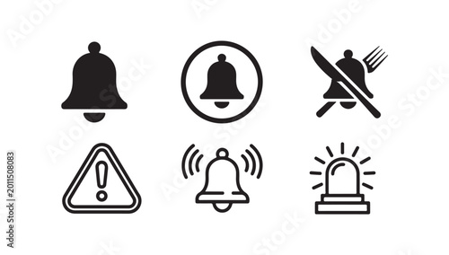 Foto Bell notification icon collection including alert warning silent mode and emergency siren symbols