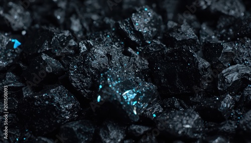 Black coal texture macro with glossy wet surface and blue highlights