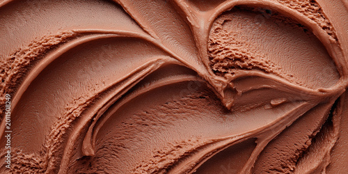 Close up top view of chocolate ice cream gelato mousse pudding texture