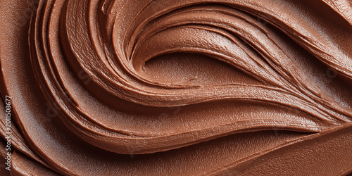 Close up top view of chocolate ice cream gelato mousse pudding texture