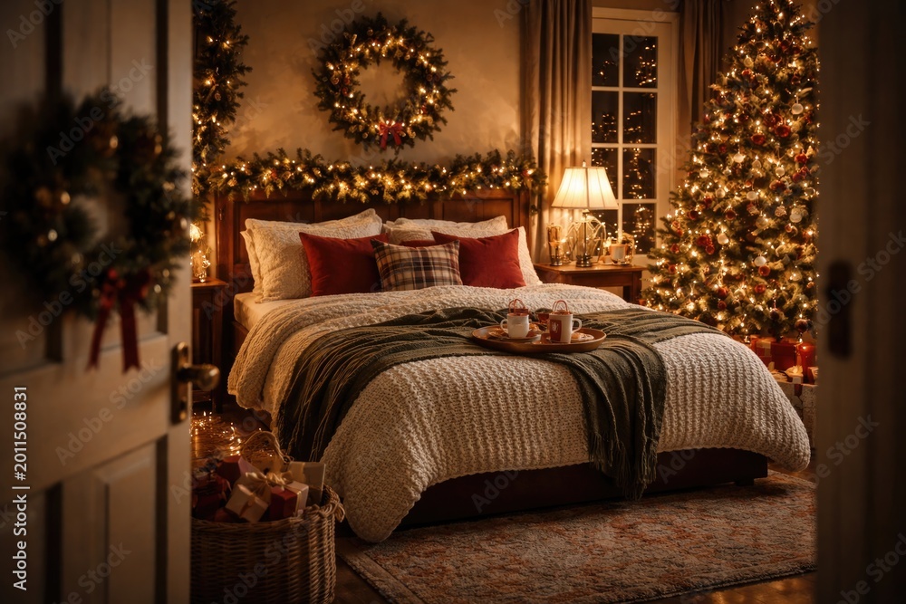 Obraz premium Inviting Christmas bedroom setting with door open to holiday decorations