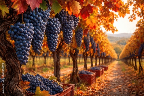 Autumn vineyard full of ripe blue sangiovese grapes ready for harvest in a colorful fall setting
