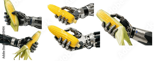 Canvas Print Robotic hand carefully holding bright yellow corn cobs, showcasing advanced pros