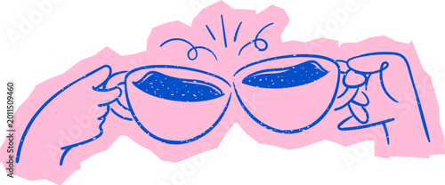 Tableau sur toile coffee clinking hand holding coffee cheerful and playful doodle line art roughen