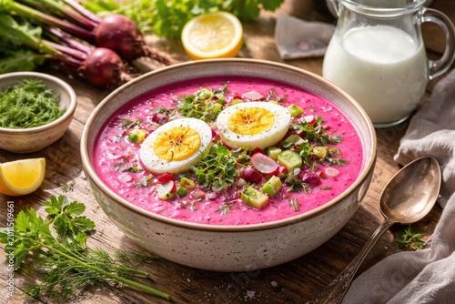 Summer beetroot and kefir chilled soup with egg garnish