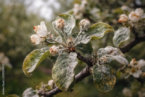Onset of powdery mildew disease on apple tree leaves and flowers in orchard