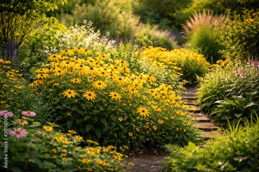 Obraz premium Summer garden scene with vivid yellow blossoms surrounded by lush green plants