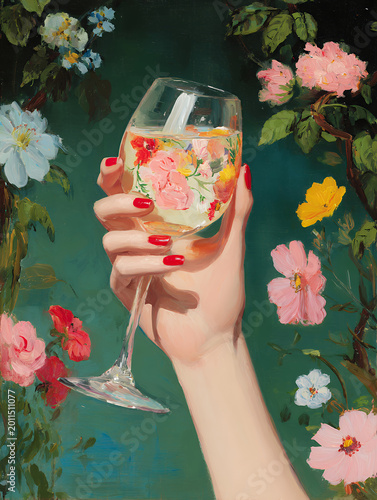 woman's hand holds wine glass with floral reflections