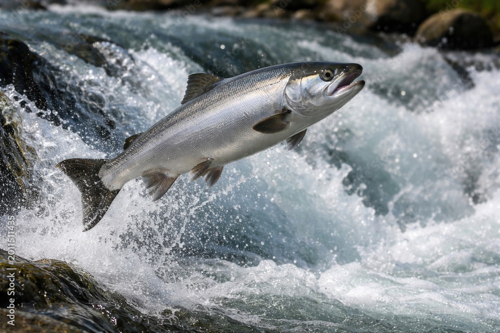 Fototapeta premium Silver salmon in joyful leap above fresh flowing water
