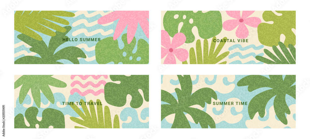 Fototapeta premium Summer abstract tropical horizontal background, cover, banner, card set. Modern poster with simple tropical leaves, wave, flowers. Vacation time, travel, beach concept.Trendy minimalist illustration.