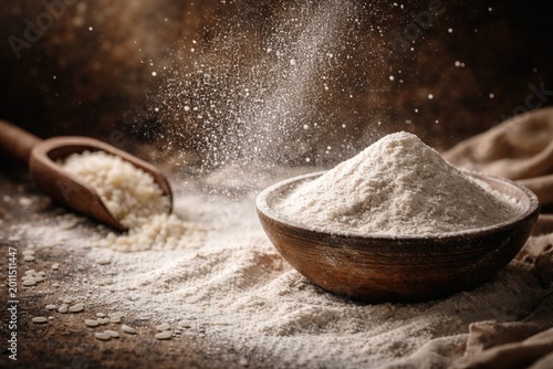 Textured culinary background with floating fine rice powder particles for food photography