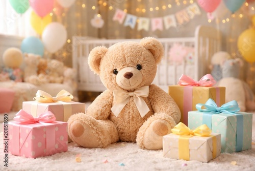 Sweet plush teddy bear among colorful gifts in a themed nursery environment perfect for infant milestone parties and joyful moments