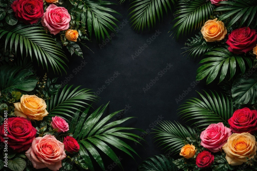 Fototapeta premium Tropical palm leaves paired with vibrant roses on a dark background offering copy space for design or text