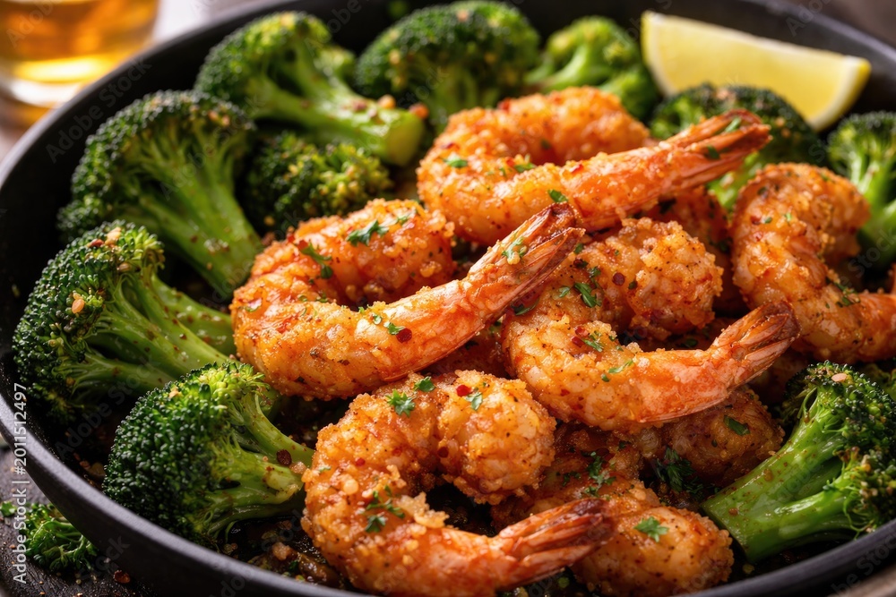 Fototapeta premium Tasty fried shrimp dish garnished with green broccoli