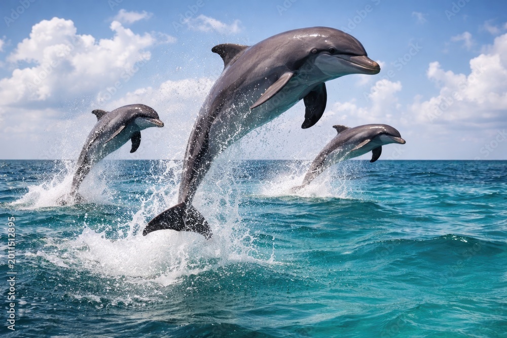 Fototapeta premium Dolphins displaying impressive acrobatics as they leap out of turquoise ocean