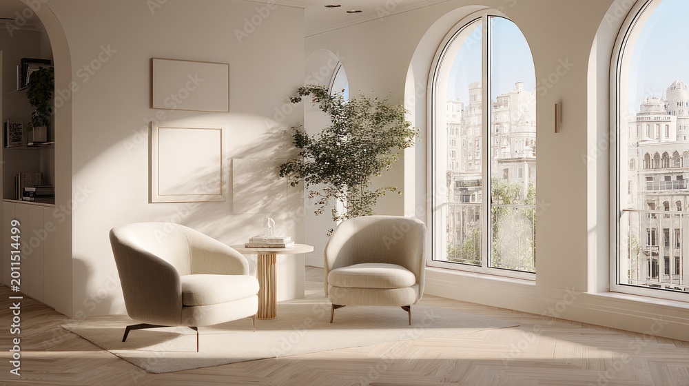 Fototapeta premium Elegant light filled living room with two armchairs and large arched windows