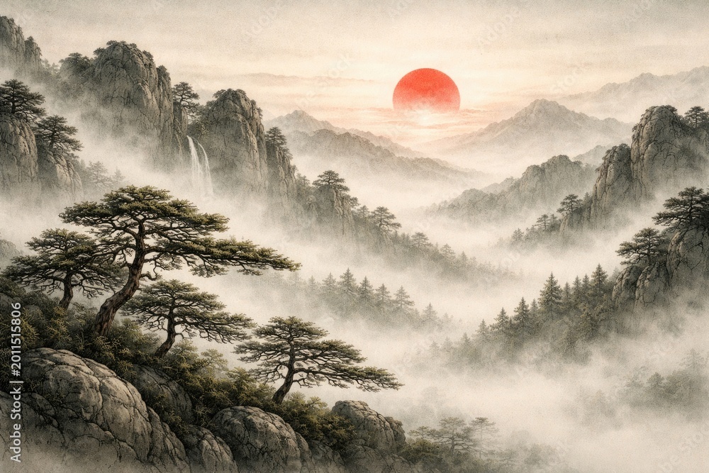 Fototapeta premium Traditional u sin style ink drawing showing foggy pines and a red sun over mountain