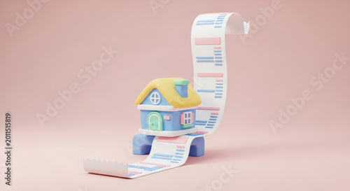 3d illustration of house with long receipt representing household bills expenses budgeting and home finance management concept