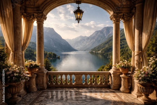 Scenic overlook from ancient balcony presenting tranquil lake and mountain vista with elaborate architectural details