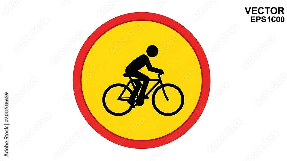 Fototapeta premium Cyclist pictogram on yellow circular warning sign
