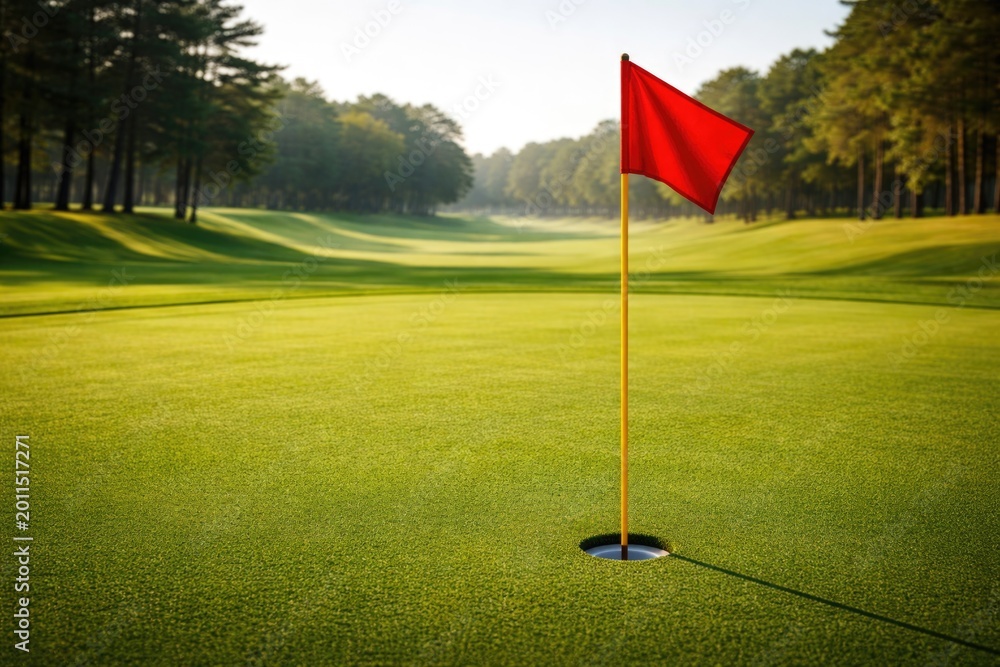 Obraz premium Bright red flag signaling golf hole on pristine green fairway