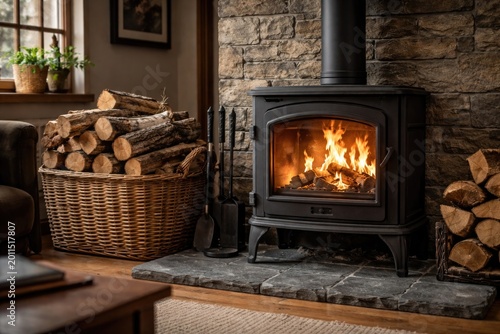 Home interior featuring a wood stove aflame and firewood bin adjacent