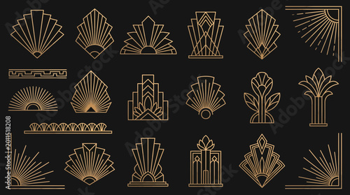 Collection of golden art deco geometric ornaments and decorative frame elements set on black background, Symbolizing luxury branding or vintage party invitation design