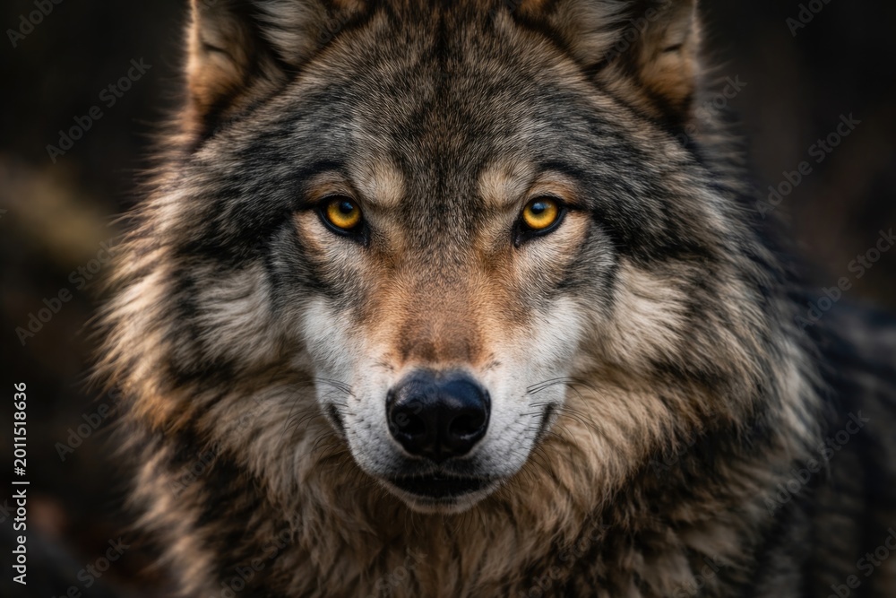 Obraz premium Majestic timber wolf close up featuring sharp yellow eye stare