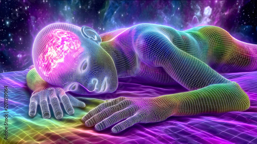 dreaming figure asleep in vibrant space
