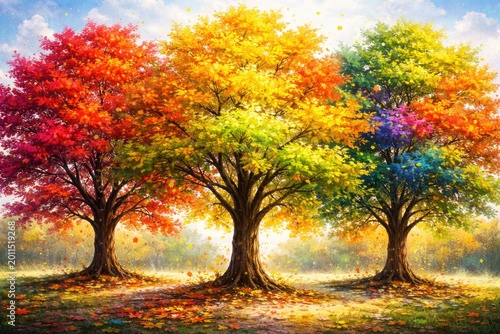 Illustration showcasing three trees with dynamic colorful leaves