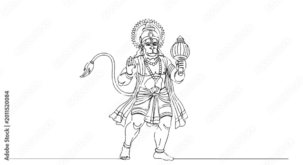 Fototapeta premium Intricate line drawing of a traditional deity figure holding a lamp and adorned with cultural ornaments in a detailed art style