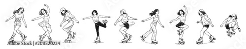 Women roller skating icon set outline vector illustration