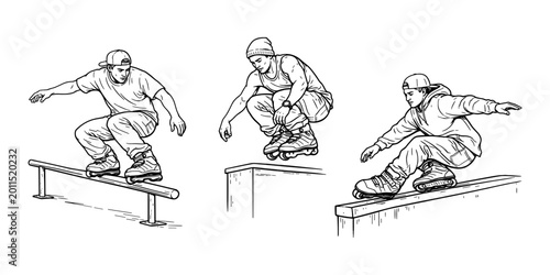 Men aggressive inline skating icon set outline vector illustration