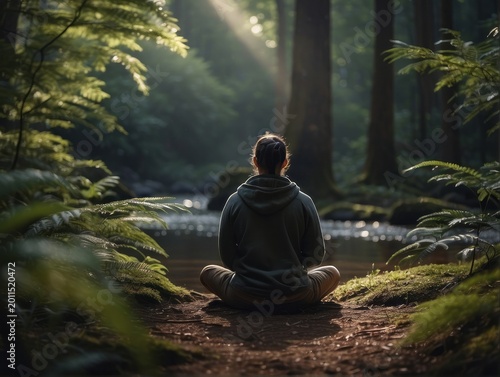 meditating in a tranquil forest, embodying psychological safety through inner peace and connection with nature