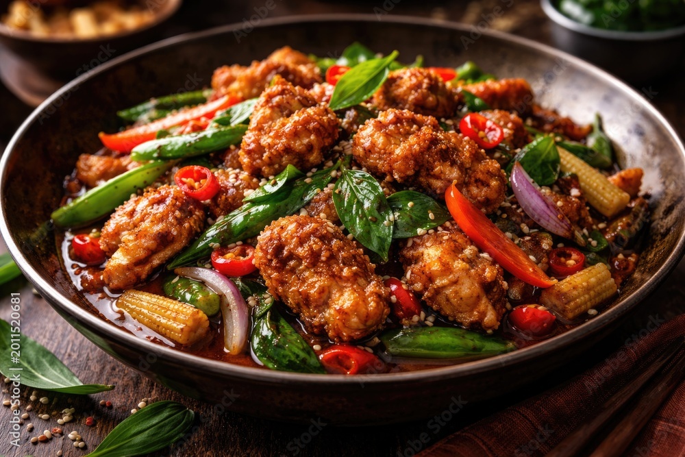 Fototapeta premium Delicious Thai chicken and vegetable dish with crispy outer layer