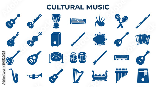 Foto Diverse Collection of Cultural Musical Instruments Icons Set Blue Silhouettes on