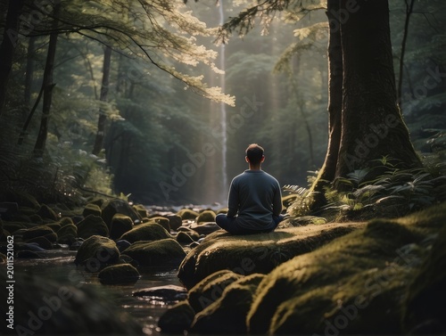 meditating in a tranquil forest, embodying psychological safety through inner peace and connection with nature
