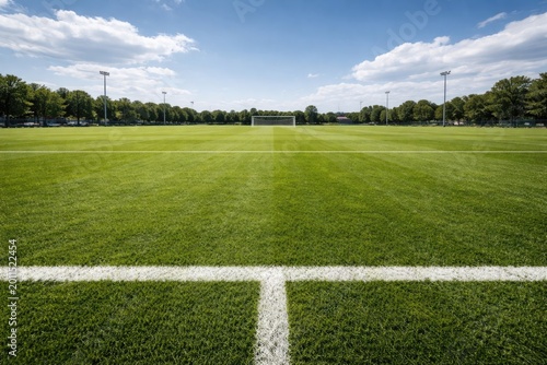 Wide angle view of a green soccer field captured from the end line