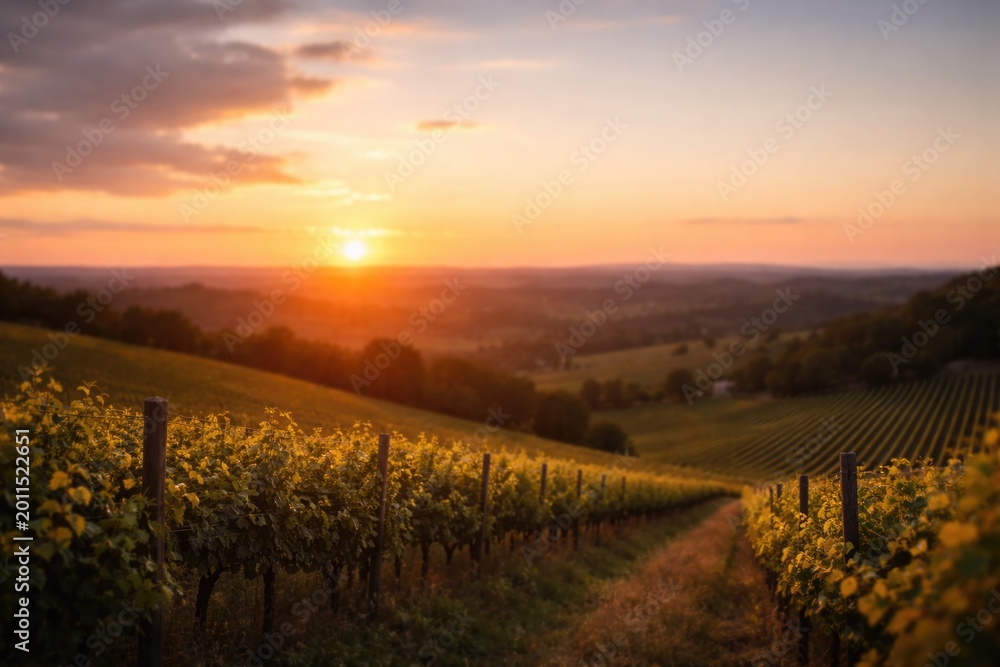 Fototapeta premium Out of focus sunset view across vineyard hills including copy space
