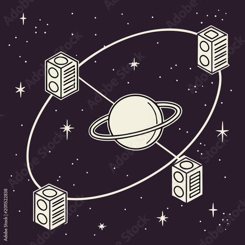 Tablou pe pânză orbital network with server satellites and a ringed planet stylized vector illus