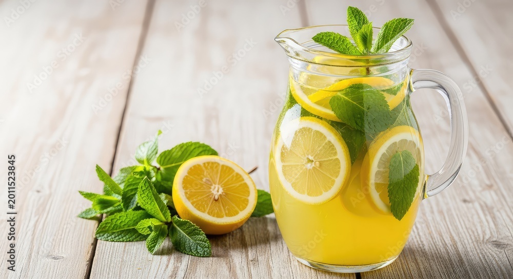 Fototapeta premium A refreshing glass jug filled with cold lemonade, featuring bright yellow lemon slices and green mint leaves on a rustic wooden table surface, liquid, hydration, sprig