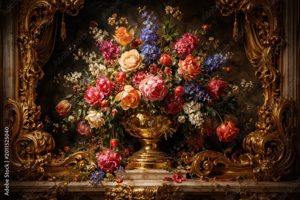 Obraz premium Still life of vivid flowers highlighted by luxurious golden rococo baroque decorations